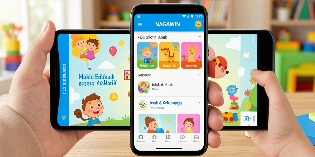 Tampilan antarmuka NAGAWIN yang menarik dan ramah anak.