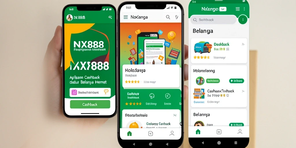 Antarmuka aplikasi NX888 dengan berbagai pilihan cashback menarik.